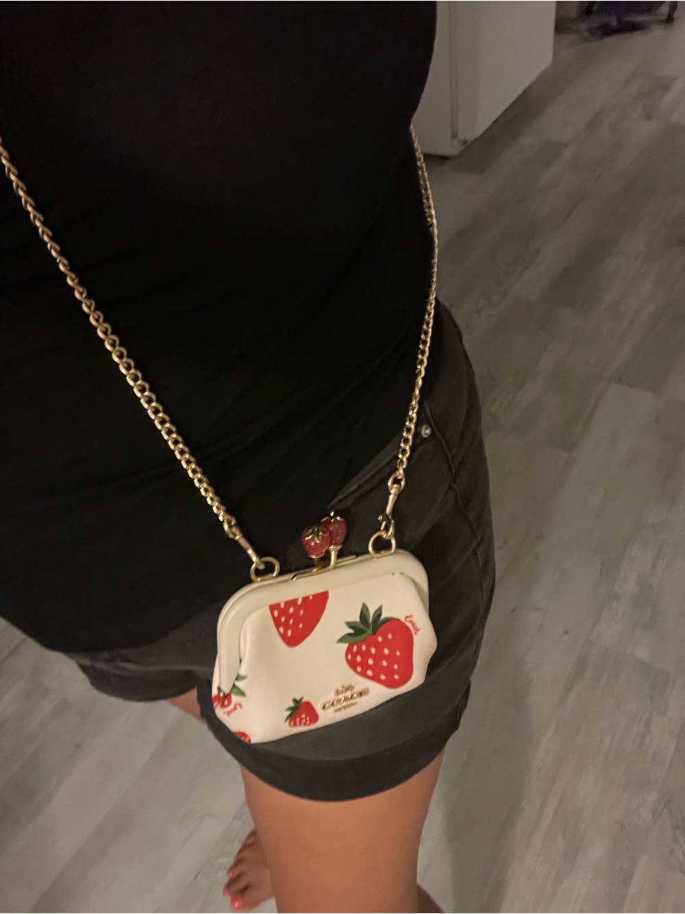 Coach Cream Mini Frame Bag with Red Strawberry Print and Gold Chain - Picture 9 of 11